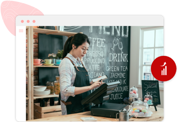 A restaurant owner analysing sales reports and tax summaries from the screen of her Foodhub POS.